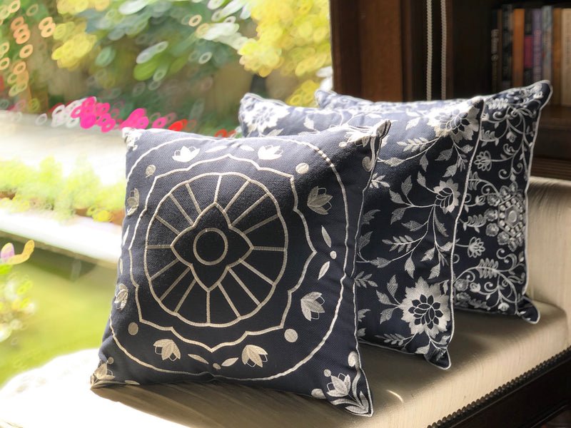 Floral Embroidered Blue Cushion Cover