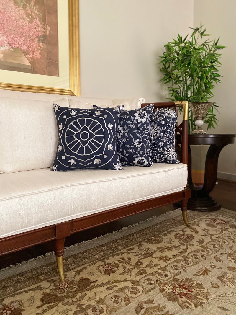 Floral Embroidered Blue Cushion Cover